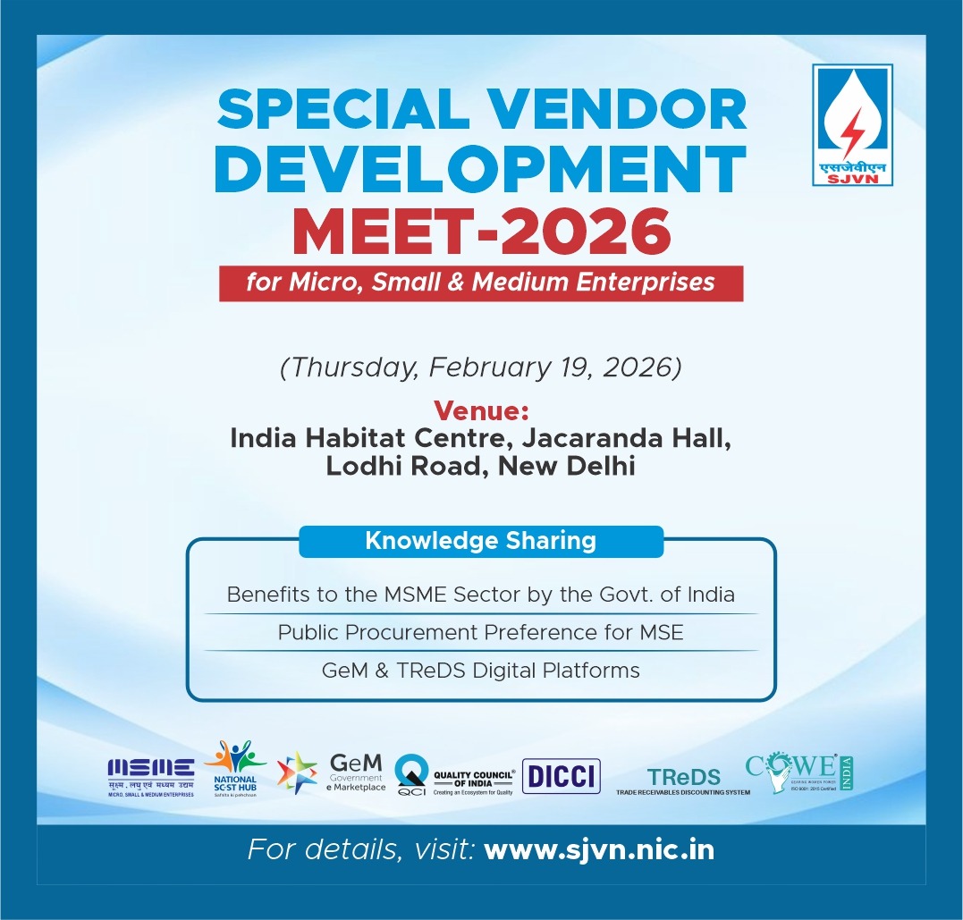SjvnLimited's tweet image. Special Vendor Development Meet 2026 - All set to engage, collaborate and build stronger partnerships.
#VendorMeet #MSMEGrowth #scstmsme #womenenterpreneur #WomenInBusiness #msmeindia #Entrepreneurship
@MinOfPower
@minmsme
@scsthub
@GeM_India
@QualityCouncil
@IndiaCowe