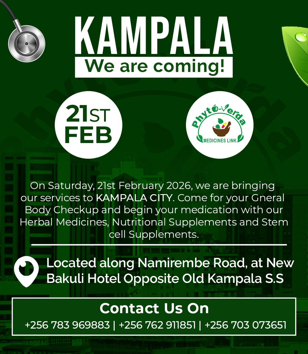 phytoverda's tweet photo. Hey KAMPALA people.

See you this Saturday, 21st February, 2026. Our professional team is bringing you all our services to your City.

COME AND BEGIN YOUR HERBAL TREATMENT WITH US. https://t.co/n04nUY3N5z