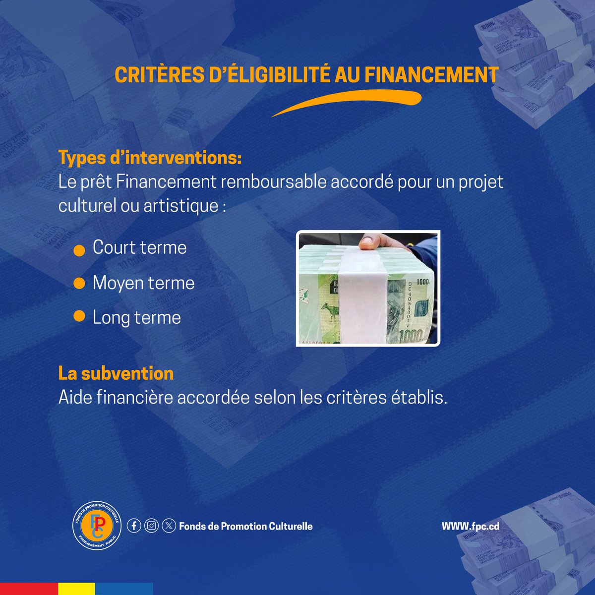 Fpculturelle's tweet photo. Voici les critères d’éligibilité relatifs à l’octroi de financements.
Les porteurs de projets sont invités à en prendre connaissance, à vérifier la conformité de leurs initiatives aux exigences établies et à constituer un dossier complet conformément aux dispositions en vigueur. https://t.co/SX8cc6QAcO