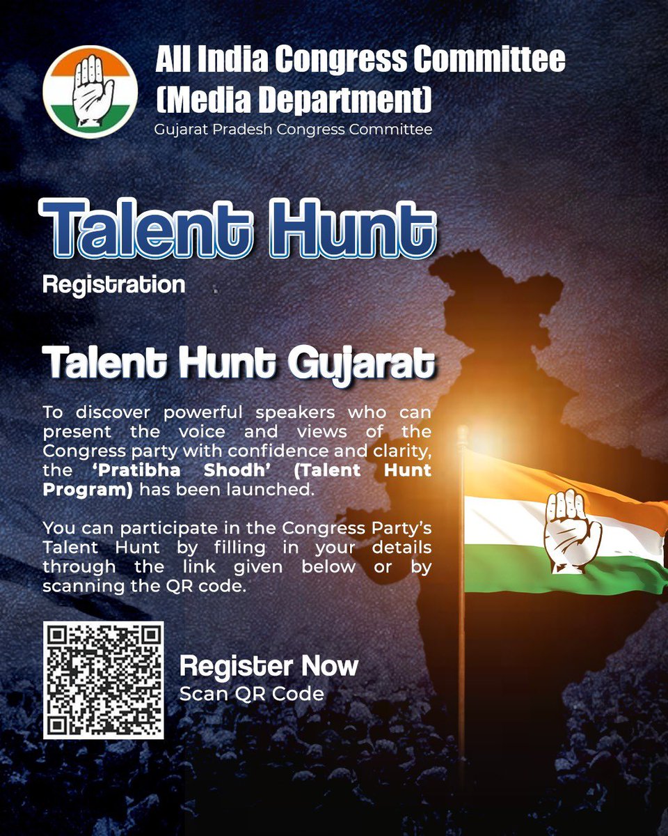 The Indian National Congress has launched a National Talent Hunt Program for the state of Gujarat to identify energetic and talented individuals who are committed to strengthening the values of the Constitution, democracy, and justice. 
Applications are invited for the following