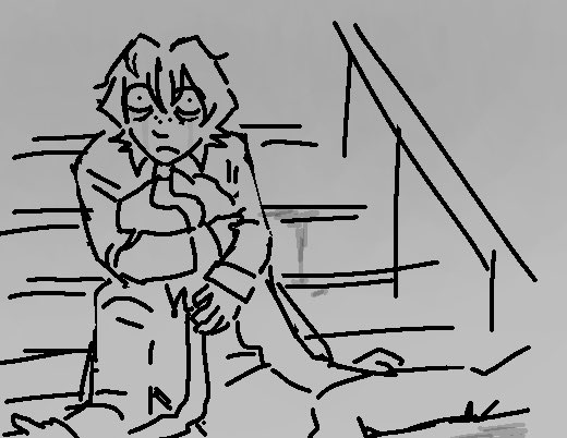 morepluu's tweet image. the cold stairway 
(weird route alt)

pluey is directed elsewhere, so he doesn't see the zapper guy again.
this means someone else finds him, but it's hours after the incident

#officemikerune