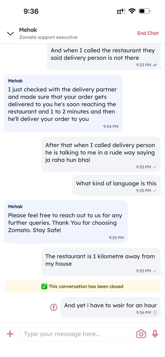 26Vaditya's tweet photo. @zomatocare @deepigoyal 
i ordered food from a nearby Macdonalds store which is 2 kilometres away from my place. I didn’t get any response and my chat was ended abruptly , and I ended up cancelling my order. Is the agent control the company or company has any control of it?? https://t.co/5wdA0UYW0e