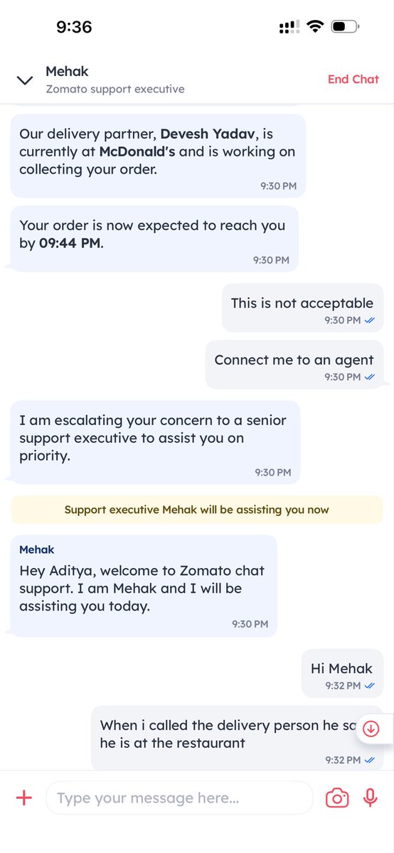 26Vaditya's tweet photo. @zomatocare @deepigoyal 
i ordered food from a nearby Macdonalds store which is 2 kilometres away from my place. I didn’t get any response and my chat was ended abruptly , and I ended up cancelling my order. Is the agent control the company or company has any control of it?? https://t.co/5wdA0UYW0e