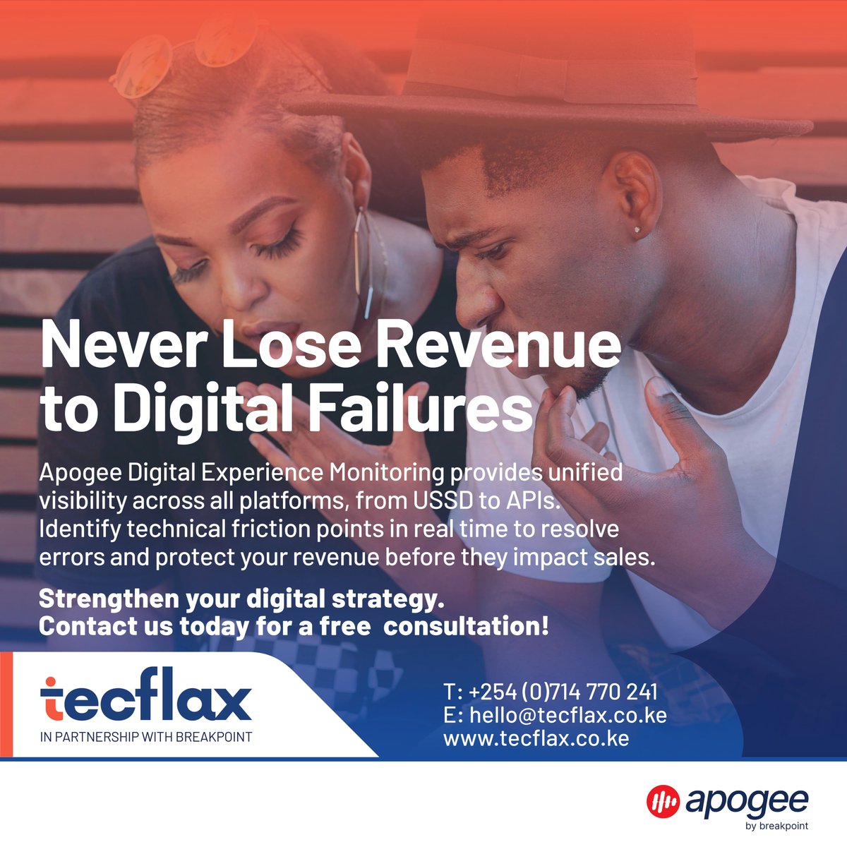 tecflax's tweet photo. Digital failures cost revenue.

Apogee gives you real time visibility from USSD to APIs so you fix issues before customers leave.

Book a consultation: 
📷 +254 (0)714 770 241
📷 hello@tecflax.co.ke

#EnterpriseLinux #OpenSourceSolutions #CustomerExperience #RevenueProtection https://t.co/SRbXYr7lJb