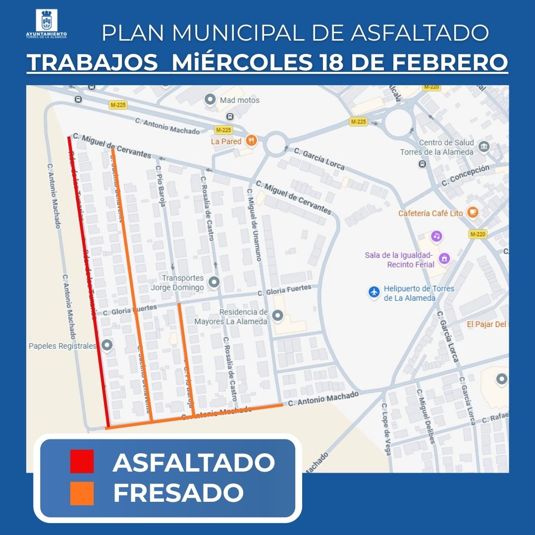 MODIFICACIÓN Trabajos Plan Municipal de Asfaltado miércoles 18:

📍 ASFALTADO: 👉Ronda de la Tunarias

📍 FRESADO: c/ Jacinto Benavente y  c/ Antonio Machado (desde Ronda de las Tunarias hasta c/ Miguel de Unamuno) y c/ Pio Baroja (la parte que quedó pendiente ayer de terminar)