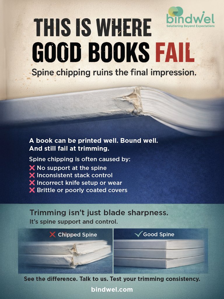 bindwel's tweet image. A 0.5mm gap can wreck an entire book export shipment.

Spine chipping isn’t always a dull knife—it’s physics. Stop the "sponge effect" with Bindwel’s SSK technology.

See it at Printpack Rajasthan!
📍 Hall 1, Stall A26

Details: bindwel.com/blog/spine-chi…

#Print #PostPress #Bindwel