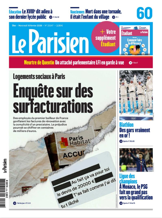 غلاف صحيفة Le Parisien. البياثلون: "رجال من ذهب حقاً!". احتفاء بفوز المنتخب الفرنسي بالميدالية الذهبية في أولمبياد ميلانو-كورتينا 2026. دوري أبطال أوروبا. في موناكو، باريس سان جيرمان يخطو خطوة كبيرة نحو التأهل. بعد فوزه في مباراة الذهاب 