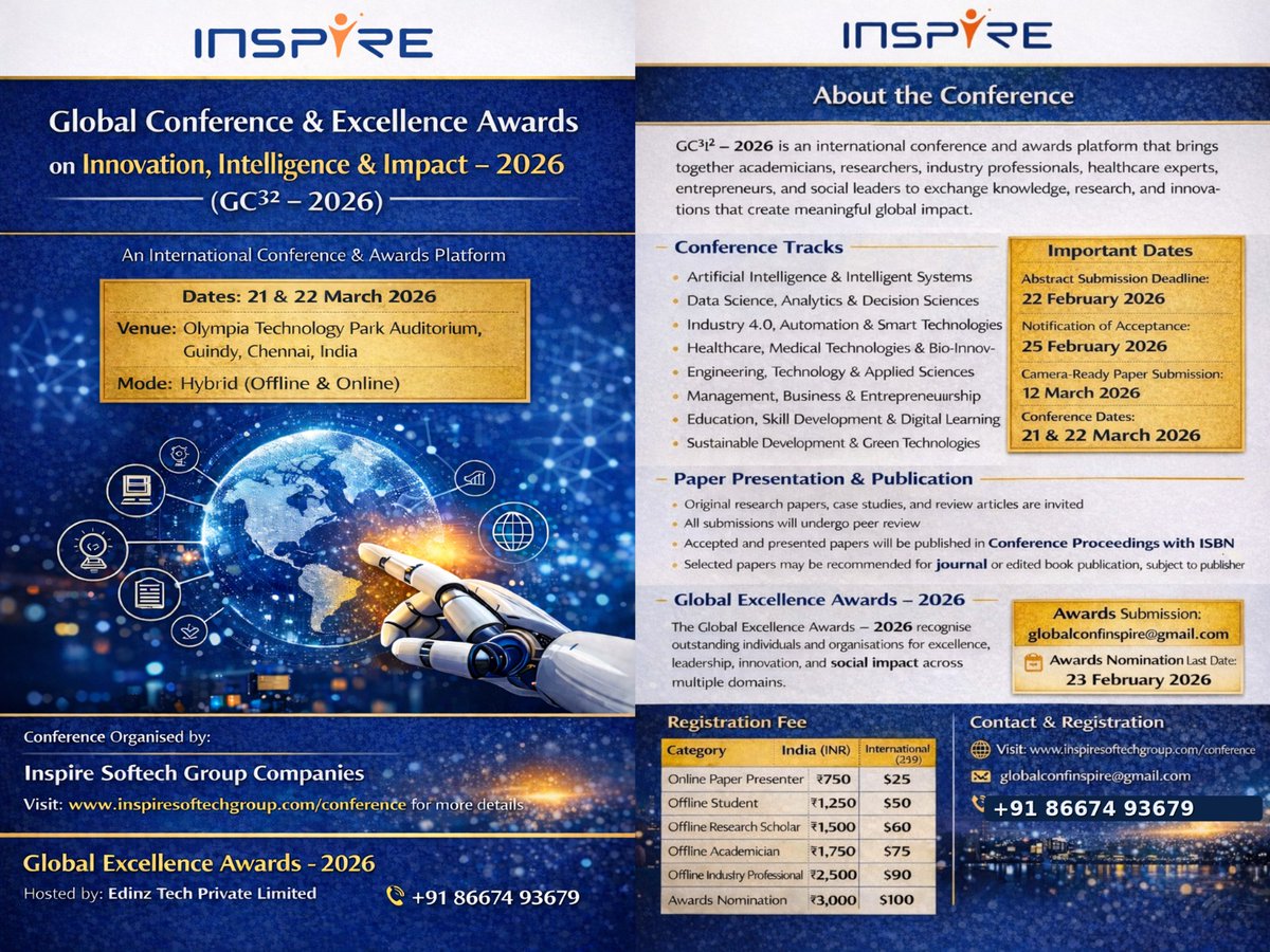 InspireSoftech's tweet photo. 🌍✨ Global Conference &amp; Excellence Awards 2026
on Innovation, Intelligence &amp; Impact

👉 Register Now:
https://t.co/CQVnqIpvQU

📞 +91 86674 93679

#GC2026 #GlobalConference #ExcellenceAwards #Innovation #ArtificialIntelligence https://t.co/dKXWLCGSNd