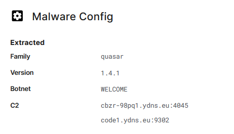 JAMESWT_WT's tweet image. ⚠️"Richiesta di preventivo DDT N." 
#spam ITA spread #Quasar #Xworm

lha&amp;gt;com&amp;gt;ps1&amp;gt;urls&amp;gt;exe

Samples👇
bazaar.abuse.ch/browse/tag/cbz…
⛔️Urls👇
friendly.ydns.]eu
vereasw.ydns.]eu
CH1.exe 
CH2.exe
CH3.exe

⛔️C2👇
cbzr-98pq1.ydns].eu:4045
code1.ydns.]eu:9302

❇️AnyRun
app.any.run/tasks/91b32bde…