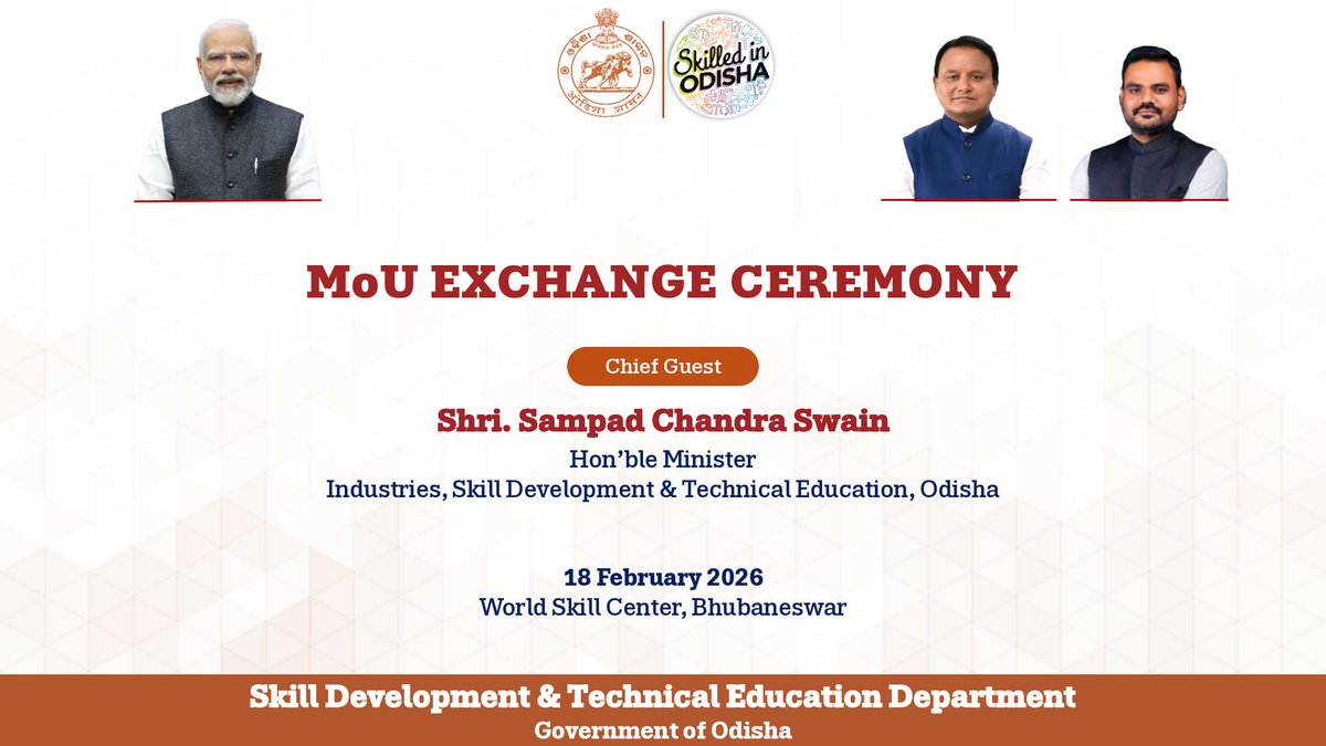 SDTEOdisha's tweet photo. 4 strategic MoUs will be exchanged today in the august presence of Hon’ble Minister, Industries &amp; @SDTEOdisha, further strengthening the State’s skilling ecosystem and accelerating industry-aligned workforce development. https://t.co/OZl6OIJJ02