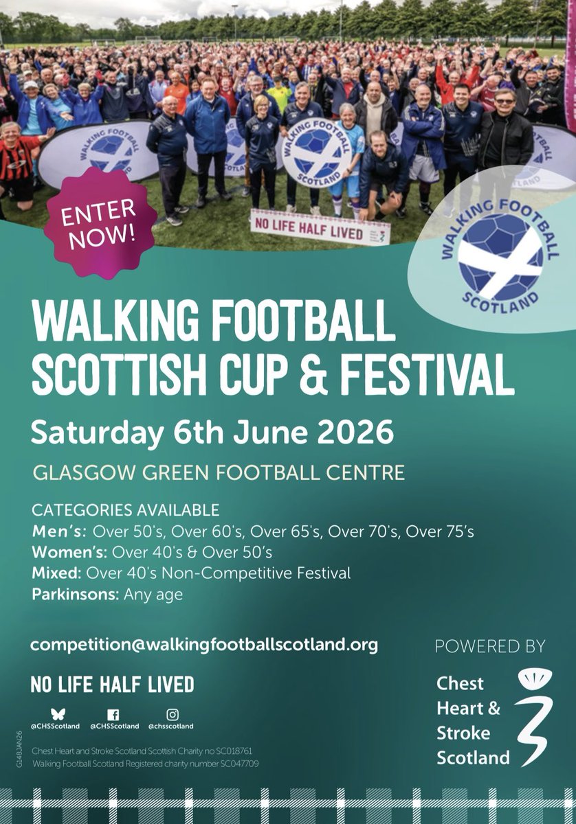ENTRY NOW OPEN – WFS SCOTTISH CUP &amp; FESTIVAL 2026

WFS Scottish Cup &amp; Festival sponsored by CHSS returns on Saturday 6th June 2026 &amp; it’s set to be the biggest one-day walking football event in the world once again!

To enter, contact:  📧 competition@walkingfootballscotland.org