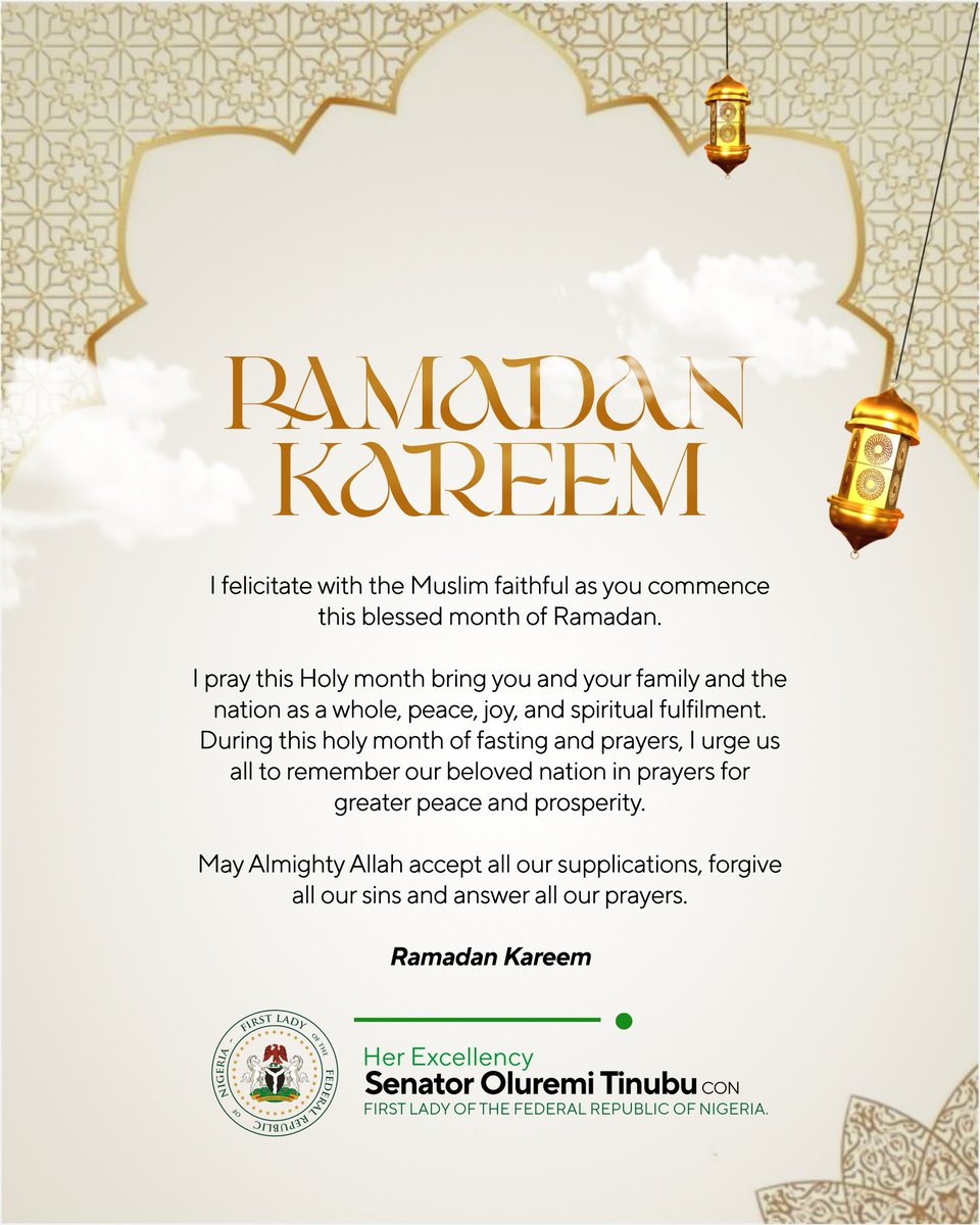 I felicitate with the Muslim faithful as you commence this blessed month of Ramadan.

I pray this Holy month bring you and your family and the nation as a whole, peace, joy, and spiritual fulfilment.
During this holy month of fasting and prayers, I urge us all to remember our