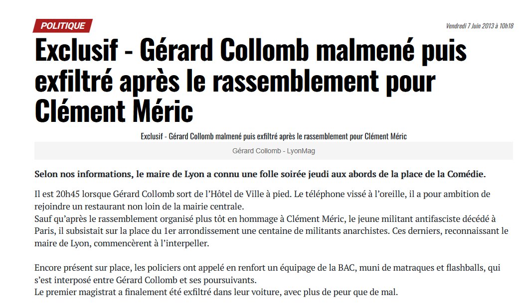Le Monde donc accuse Collomb d'être le responsable posthume de la violence à Lyon, alors que lui même avait failli être passé tabac par les antifas. La honte.