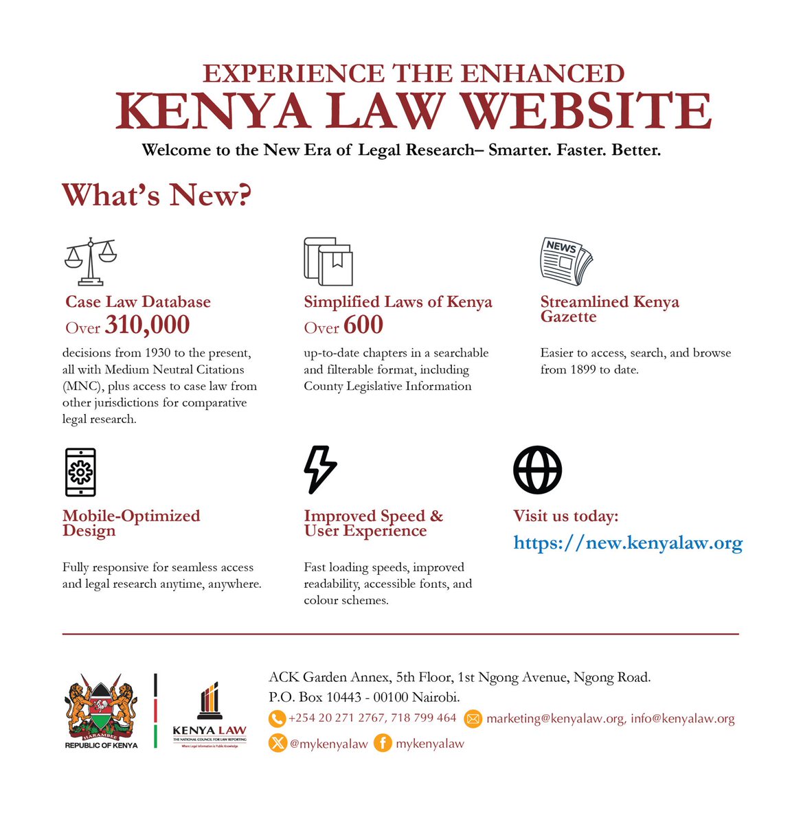 NOTICE - WE HAVE MOVED TO A NEW WEBSITE 
National Council For Law Reporting (Kenya Law) has migrated to a faster, more accessible website, with enhanced search capabilities and comprehensive Case Law, Laws of Kenya, and Kenya Gazette databases. new.kenyalaw.org