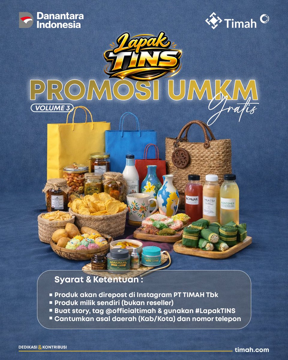Yuk ramaikan #LapakTINS selama bulan suci Ramadan 🌙✨

Punya produk UMKM? Kesempatan untuk direpost di Instagram PT TIMAH Tbk terbuka untuk kamu 💙

Mari dukung UMKM lokal agar makin dikenal dan berkah di bulan Ramadan 🤲

#LapakTINS
#TINS