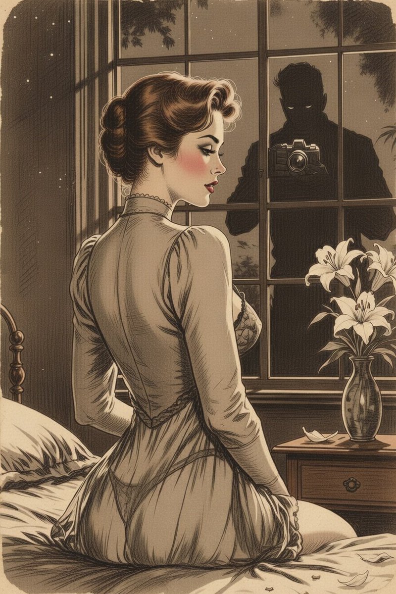 LilyThorn_'s tweet photo. ✨ Moonlit whispers through antique glass…
A shadowed lens drinks in every sigh, every blush.
She feels the gaze like velvet on skin,
yet turns her profile to the stars instead.
Some portraits are born in silence.
🖤📷🌙
#AIGirlGrok #VintageNoir #MoonlitMuse #EtherealGaze #DarkRomance