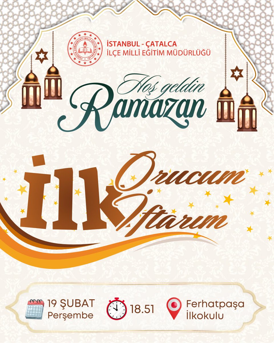 Maarifin Kalbinde Ramazan… 🌙✨

“İlk Orucum, İlk İftarım” heyecanını yaşayan öğrencilerimizle aynı sofrada bir araya gelerek, paylaşmanın ve birlik olmanın güzelliğini hep birlikte yaşayacağız.

📅 19 Şubat Perşembe
🕰 18.51
📍 Ferhatpaşa İlkokulu

<a href="/tcmeb/">Millî Eğitim Bakanlığı</a> <a href="/Yusuf__Tekin/">Yusuf Tekin</a>