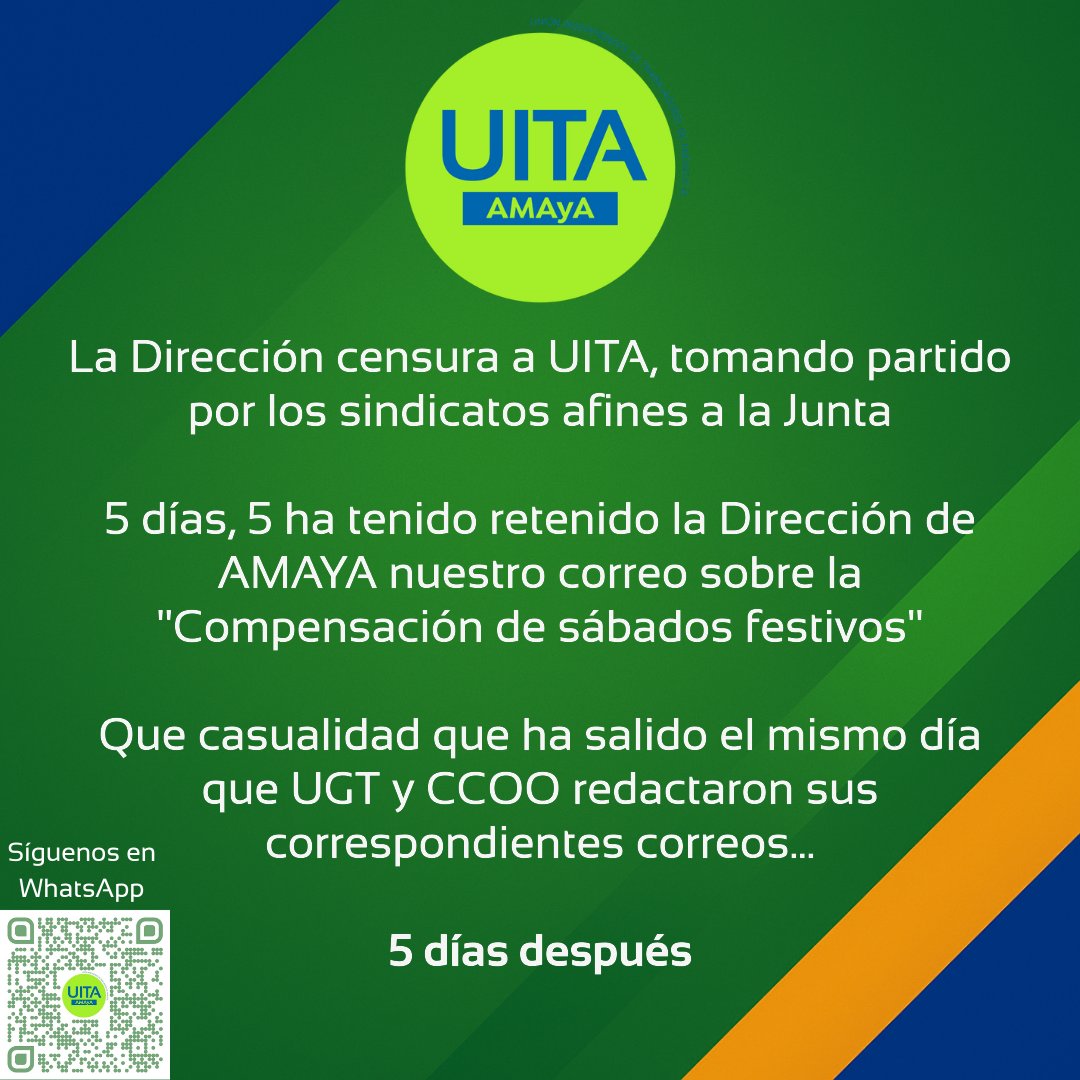 amaya_uita's tweet photo. La Dirección de @AndaluciaAMAyA toma partido por los sindicatos afines a la @AndaluciaJunta, censurando o retrasando los comunicados de @sindicatouita a la plantilla https://t.co/wOkoSkOjj0