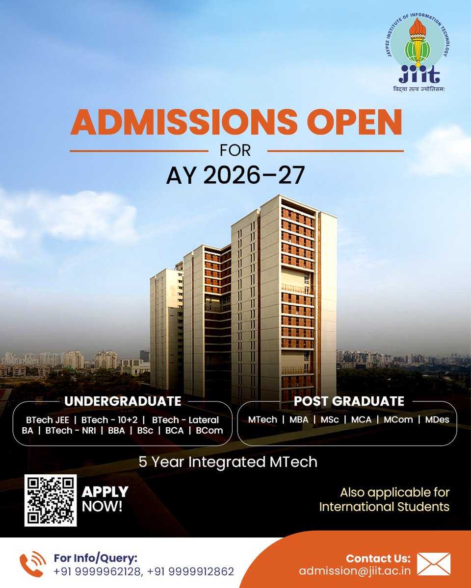 JaypeeUniversi2's tweet image. Your next chapter begins here. 

Admissions are now open for the AY 2026–27 across a wide range of programmes at JIIT, offering an environment that combines academic rigor, innovation, and real-world exposure. 

Apply now through the link in bio.