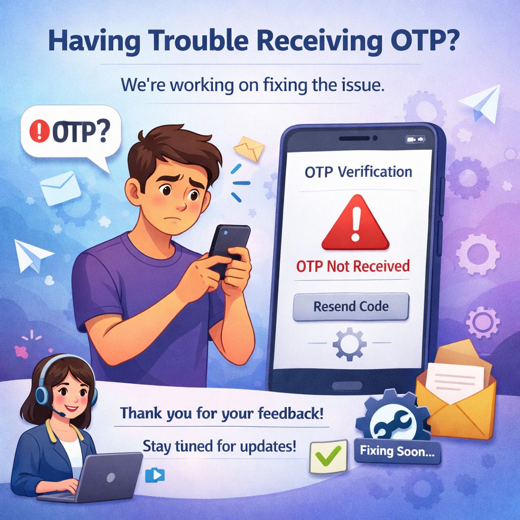 From the feedback we got from our internal testing it's discovered that new users are not able to get OTP while signing up, don't worry our team is working on it to give you a seamless experience.
Your feedback is very important to us, keep them coming 🙂