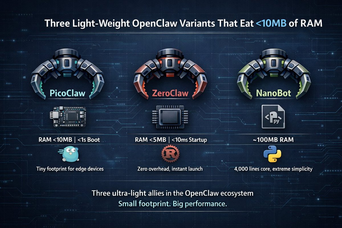 Three light-weight optimized variants of Openclaw that eats min 10MB of RAM

1. Picoclaw
2. Zeroclaw
3. Nanobot