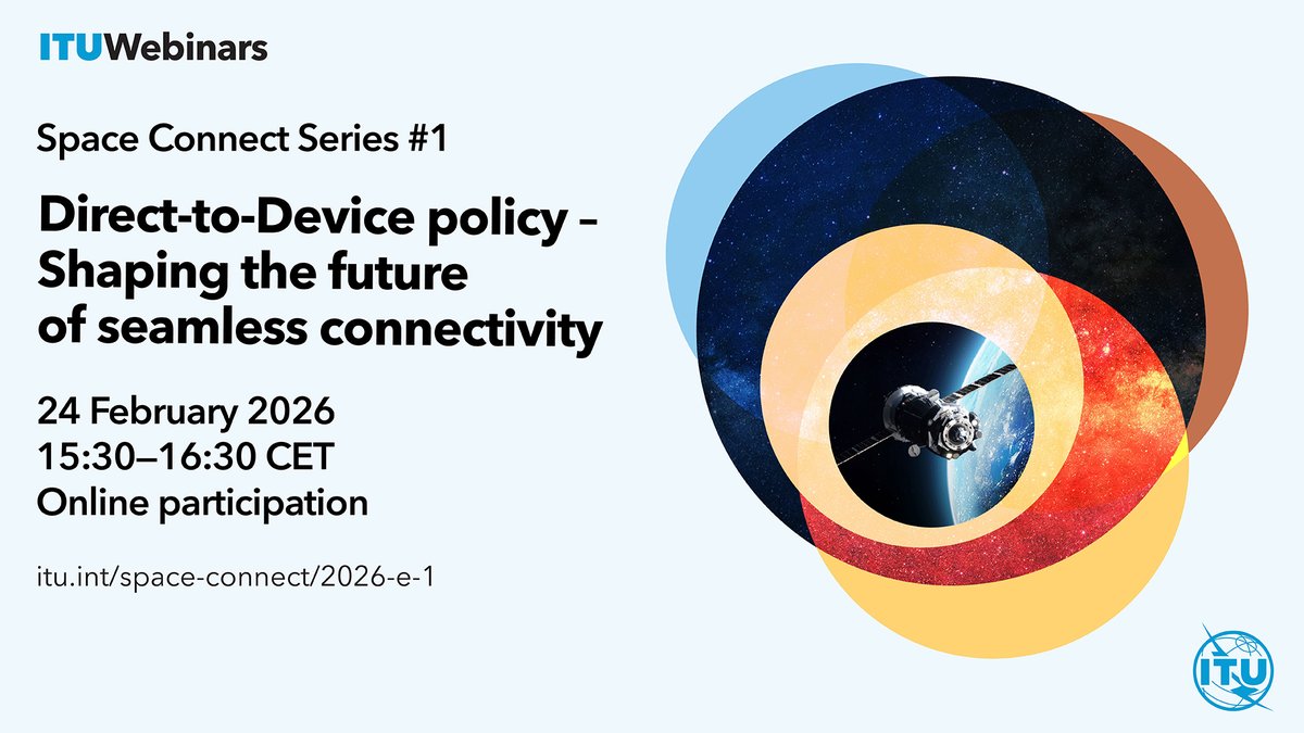 ITU's tweet photo. Connectivity is evolving. Space is part of the solution.
⏰Join us to explore how Direct-to-Device communication can advance connectivity, and what it will take in policy, spectrum, and collaboration to make universal access a reality https://t.co/AUHAL3RV1t #SpaceConnect https://t.co/npaLLc6lqM