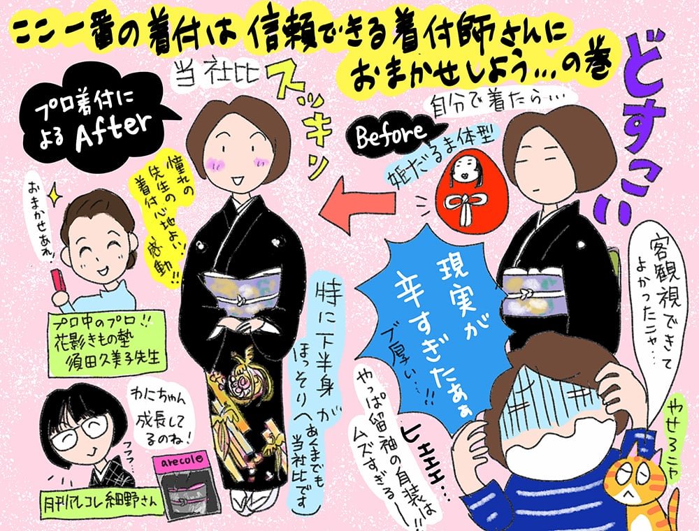 礼装の着付は、プロにお任せしたい……！！と思ったお話です。自装と他装の違いがよくわかりました。
手に汗握る（？）ビフォーアフターの写真はぜひ『月刊アレコレ』本誌でご覧ください（爆死）

ichiri-mall.jp/ichiriblog/blo…