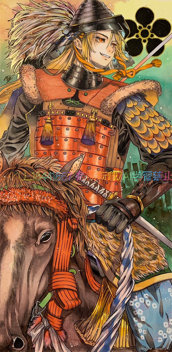 #私はこういう絵を描いています
和男子をコピックメインで、透明水彩や絵墨と重ね、いろんな画材を使って描いてます！甲冑と刀と擬人化多いです！！