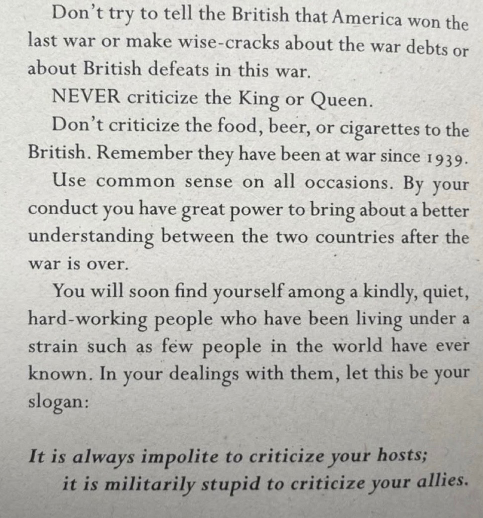 historyinmemes's tweet photo. The final page of “Instructions for American Servicemen in Britain” (1942). https://t.co/MBcLfpHTGD