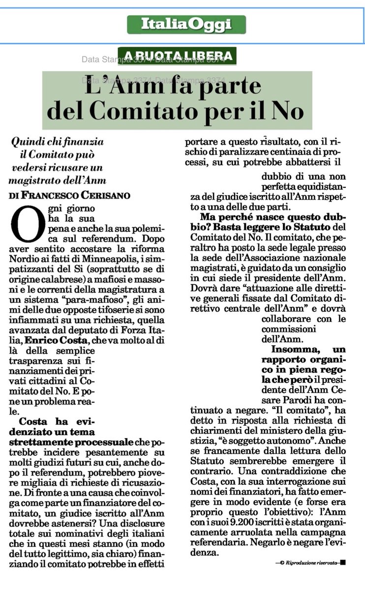 Enrico__Costa's tweet image. Invocano giustamente la trasparenza per commercianti, artigiani, professionisti, imprenditori e per tutti i cittadini, ma non per loro stessi. 
Il Presidente dell'Associazione Nazionale Magistrati, per non rivelare chi finanzia il Comitato per il No dell'Anm, ha spiegato che il