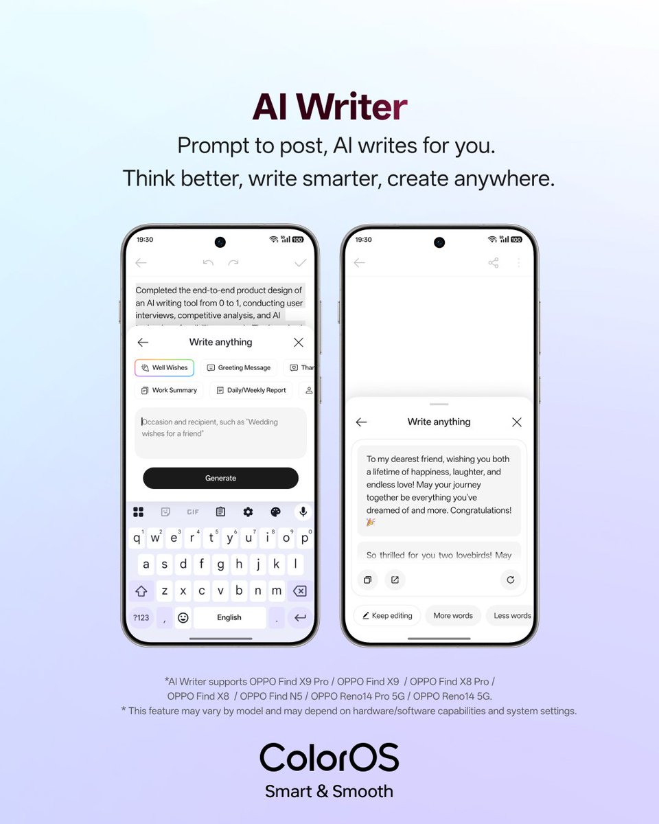 colorosglobal's tweet image. From quick thoughts to polished posts 💡

#OPPOColorOS16 #MoreColorEveryMonth