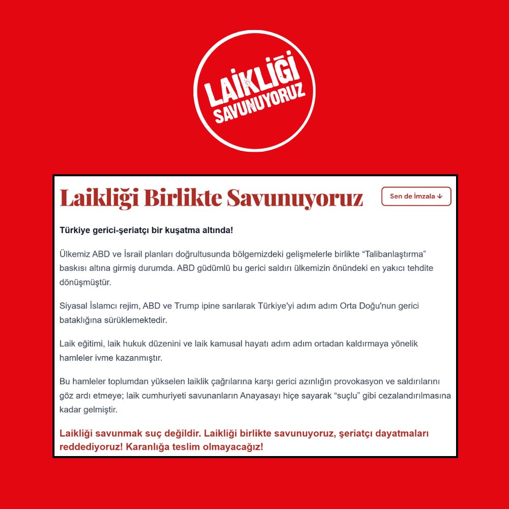 Korkut Boratav, İlhan Cihaner, Müjde Ar, Ahmet Telli, Melike Demirağ, Rutkay Aziz, İlkay Akkaya, Şükrü Erbaş ve Timur Soykan gibi 168 yazar, sanatçı ve gazetecinin imzasıyla “Laikliği Birlikte Savunuyoruz” başlıklı bir metin kaleme alındı:

“Şeriatçı dayatmaları reddediyoruz!”