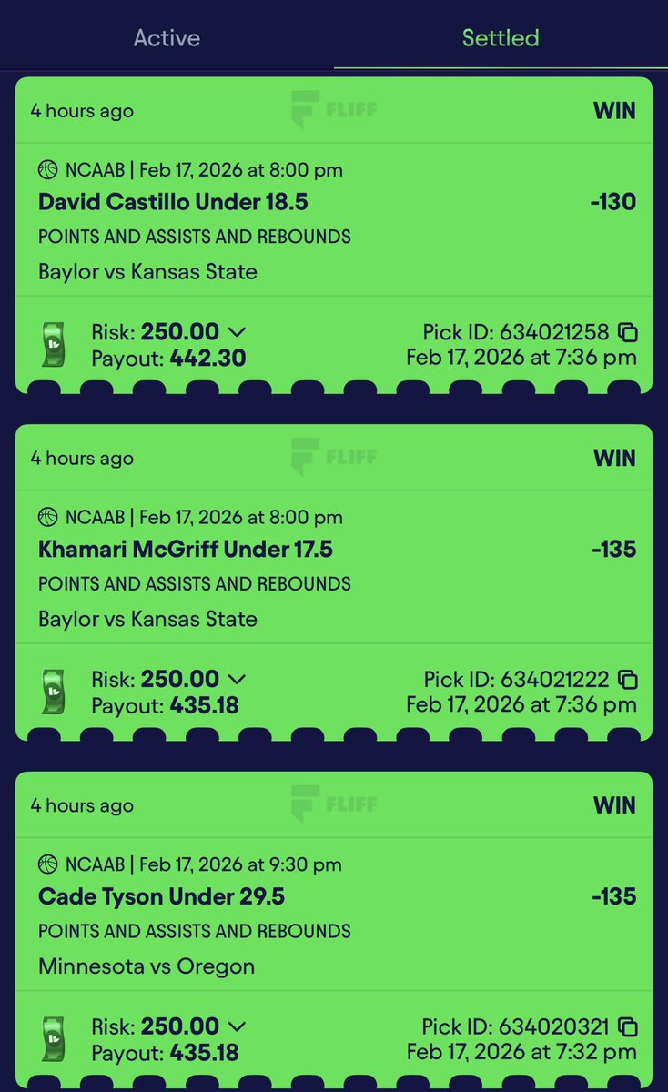 Dropping the full list again tomorrow if X wants it, 169 🤔💚♻️💬 it’s yours. 19-6 OMG 🤯

David Castillo: 8 pra ✅ 0.13
Khamari McGriff: 5 pra✅0.13
BJ davis: 6 pra ✅0.22
Leland Walker: 15 pra✅0.24
K. Bennet: 30 pra✅0.24
Malachi Moreno: 13 pra ✅0.24
Cade tyson: 23 pra ✅0.25