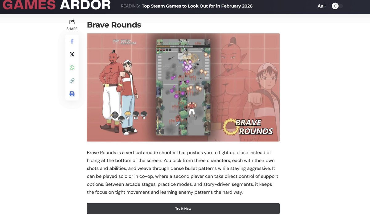wltr3565's tweet photo. Thank you to Games Ardor for featuring #BraveRounds 👍
The article is Top Steam Games to Look Out for in February 2026.
#stg #indiegame https://t.co/qrqwTmDbpz