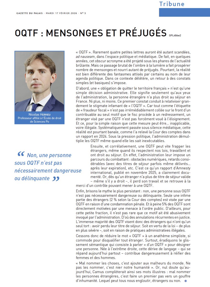 « OQTF : Mensonges et préjugés » (Tribune in <a href="/LextensoAvocat/">Lextenso Avocat</a>)

Face au déferlement d'inepties sur les OQTF, quelques rappels basiques
s'imposent.

En particulier, parler d'« *un* OQTF» est aussi erroné que déshumanisant, car réduit une personne à une simple mesure administrative.