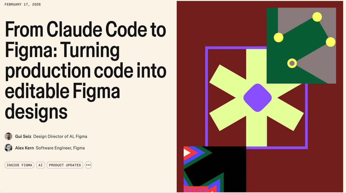 lucas_flatwhite's tweet photo. Claude Code × Figma
= 디자인 워크플로우가 바뀌고 있어요!

이제 Claude Code의 작업물을 Figma로 바로 가져올 수 있게 되었어요!

Figma MCP를 설치하고 "Send this to Figma"라고 입력하면, 프로덕션이든 스테이징이든 로컬 개발 서버든, 브라우저에 렌더링된 실제 UI가 편집 가능한 Figma 레이어로 자동 변환되는거죠.

개발자나 디자이너뿐 아니라 취미로 코딩하는 사람까지, 실제 작동하는 UI를 바로 캔버스 위에 올려놓을 수 있게 된 것!!

여기서 흥미로운 건 코드와 캔버스의 역할 분담이에요.

코드는 빌드를 실행하고, 경로를 클릭하며 한번에 하나의 상태에 도달할 수 있는 강력한 도구예요. (수렴!)

캔버스는 전체 경험을 조망하고, 여러 분기를 확인하며 방향을 함께 정하는데에 특화되어 있죠. (발산!)

IDE나 프롬프트 창보다 디자인 캔버스가 가능성을 탐색하기에 더 나은 이유가 바로 여기에 있어요.

Claude Code to Figma로 캡처한 화면을 Figma 파일로 전송하면, 멤버들은 UI를 단순히 보는 것을 넘어설 수 있어요.

잘 작동하는 부분에 주석을 달고, 불분명한 부분을 지적하고, 다른 아이디어를 직접 캔버스 위에서 탐색할 수 있죠.

코드 파일을 수정하거나 환경을 전환하는 번거로움 없이요.

세부 사항을 직접 조작하고, 디자인을 다듬은 후에는 다시 Figma MCP를 사용해 코드베이스로 변경 사항을 가져올 수 있습니다.

예전처럼 '브레인스토밍 → 디자인 → 코딩'의 선형적인 워크플로우에서 벗어날 수 있어요.

코드에서 캔버스로, 캔버스에서 다시 코드로.. 필요에 따라 범위를 좁히고, 협업이 필요할 때 범위를 넓히는 유연한 전환이 가능해진거죠.

터미널이든, 프롬프트 박스든, 스케치든, Figma가 그 모든 것과 연결되고 있어요.
