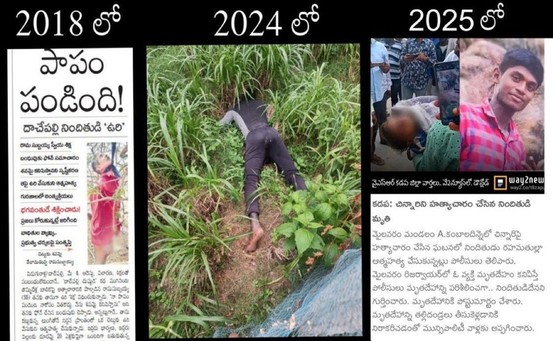 Shiva4TDP's tweet photo. 2018: దాచేపల్లిలో రేప్ చేసిన వాడు అడవిలో చెట్టుకి ఉరి వేసుకుని చచ్చాడు

2024: అనకాపల్లి బాలిక హత్య కేసు నిందితుడు సురేష్ ఆత్మహత్య చేసుకున్నాడు

2025: కడపలో 3 ఏళ్ళ చిన్నారిని రేప్ చేసిన వాడు ఆత్మహత్య చేసుకున్నాడు 

And Now 

2026 : మదనపల్లి లో హత్య చేసిన వాడు ఆత్మహత్య 

That’s CBN For you 🙏

ఒక్కసారి కూడా జగన్ హయాం లో జరగలేదు ఇట్టాగా