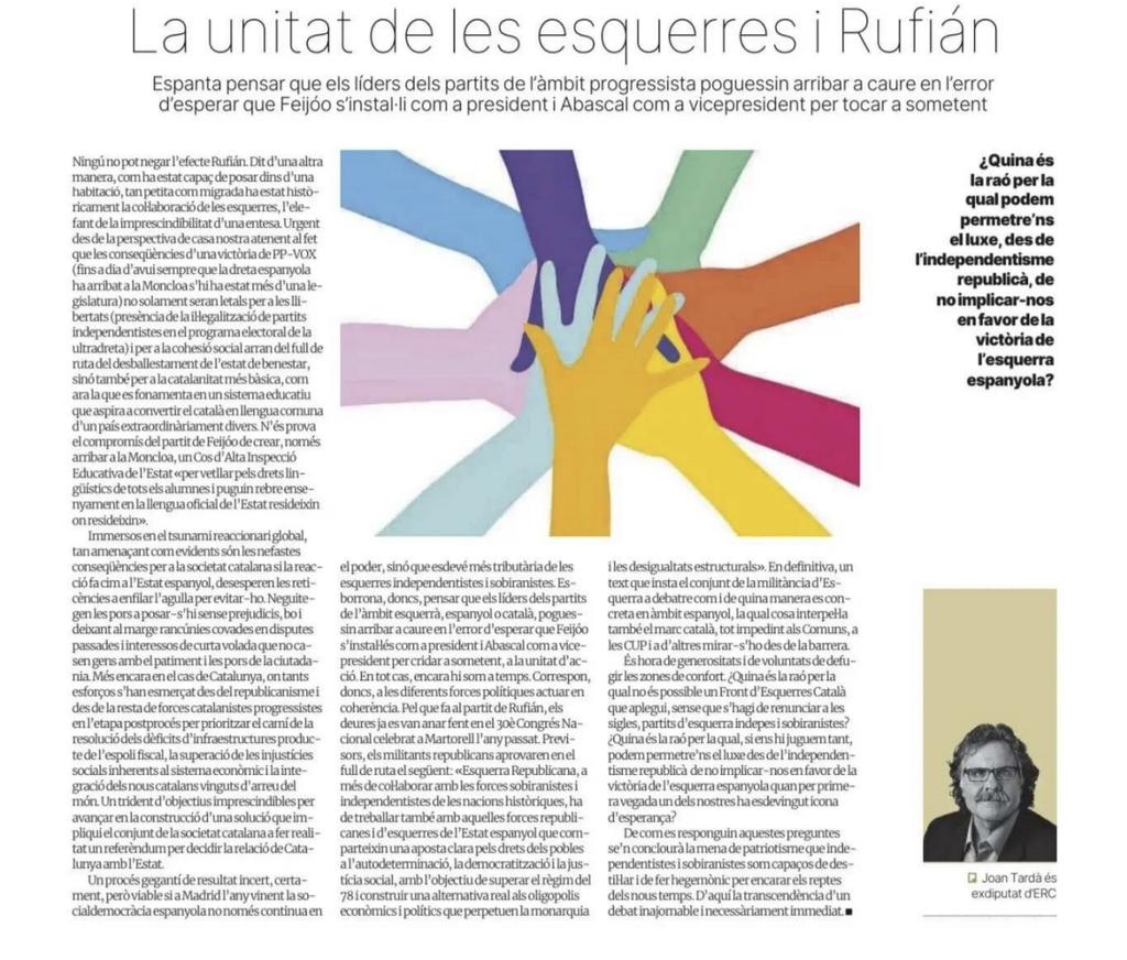 florejachs's tweet photo. Quina és la raó per la qual no és possible un #frontesquerres d'independentistes i sobiranistes??
Són temps de generositat i de defugir les zones de confort.
@JoanTarda @gabrielrufian
@Esquerra_ERC 
#ÀgoraRepublicana https://t.co/JunCrqmnWB