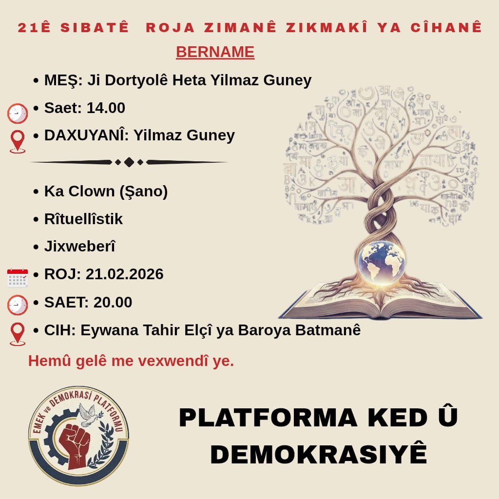 KomeleyaAri's tweet photo. Me bi minasebeta 21ê Sibatê Roja Zimanê Zikmakî ya Cîhanê bername amade kirine. Hemû gelê me vexwendî ye 🍀
Bijî Zimanê Kurdî! 
#statuyakurdîperwerdehiyabikurdî #bijîzimanêkurdî #21êsibatêrojazimanêdayikê #bijîçandûhunerakurdî #zimanêkurdî https://t.co/jmOHhas43S