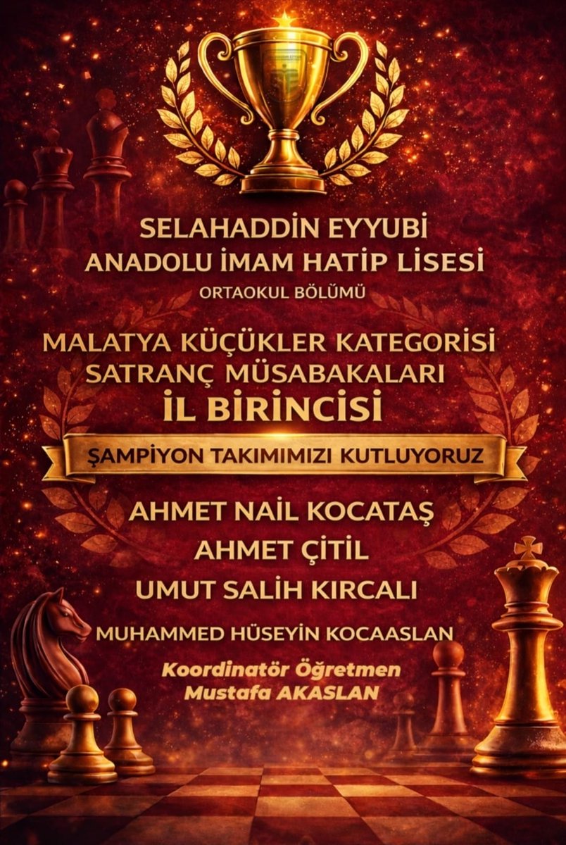 Malatya Küçükler Kategorisi Satranç İl Birincisi olan ortaokul öğrencilerimizi ve koordinatör öğretmenimiz Mustafa Akaslan'ı tebrik ediyoruz.

#selahaddineyyubi
#satranç