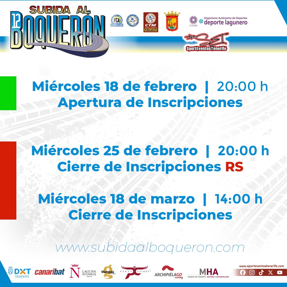 sporteventostf's tweet photo. ✅ Hoy, la XII Subida al Boquerón abre inscripciones. 👉 Puedes consultar toda la información en nuestra nueva web oficial: https://t.co/RWu3Tglceh. 🔴 Importante: Los equipos de RS, según la nueva normativa FIASCT, cuentan con un día diferente para formalizar su participación. https://t.co/8xZcWlExFx