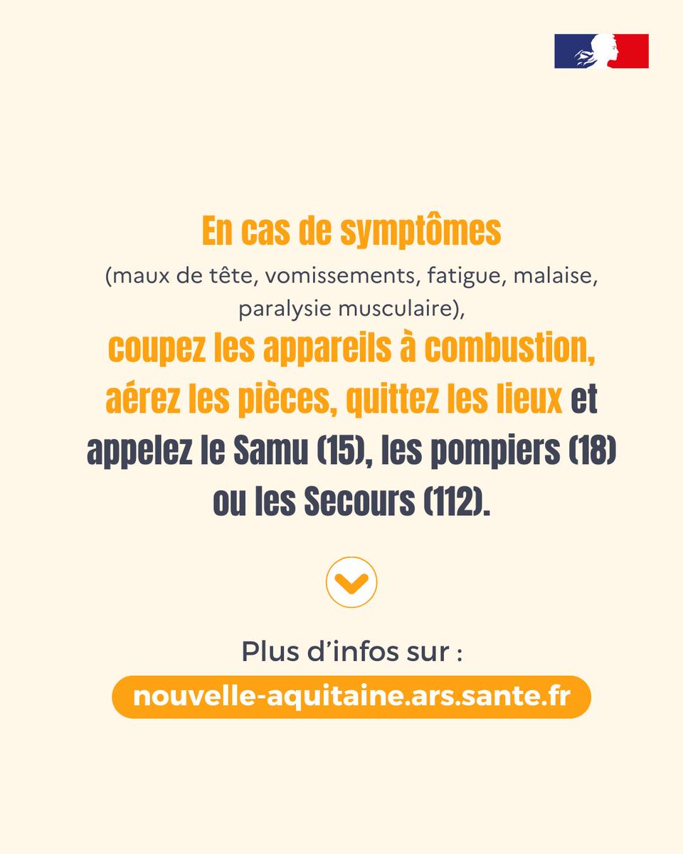 PrefAquitaine33's tweet photo. #MonoxydeDeCarbone⚠️ | Suite aux intempéries, des coupures électriques peuvent conduire à utiliser des appareils à combustion (groupe électrogène, poêle, brasero, barbecue, réchaud...).  

Attention aux intoxications liées au monoxyde de carbone :   

▪️N’utilisez jamais en intérieur des appareils qui ne sont pas destinés à cet usage 
▪️Installez les groupes électrogènes à l’extérieur des bâtiments, jamais dans un lieu clos
▪️N’utilisez pas les chauffages d’appoint à combustion en continu 
▪️Maintenez vos systèmes de ventilation en bon état et n’obstruez jamais les entrées et sorties d’air

⚠️ En cas de symptômes (maux de tête, vomissements, fatigue, malaise, paralysie musculaire) : aérez la pièce, quittez les lieux et appelez le 15, le 17 ou le 18.

Plus d’infos sur https://t.co/fQ0FFj1uEj