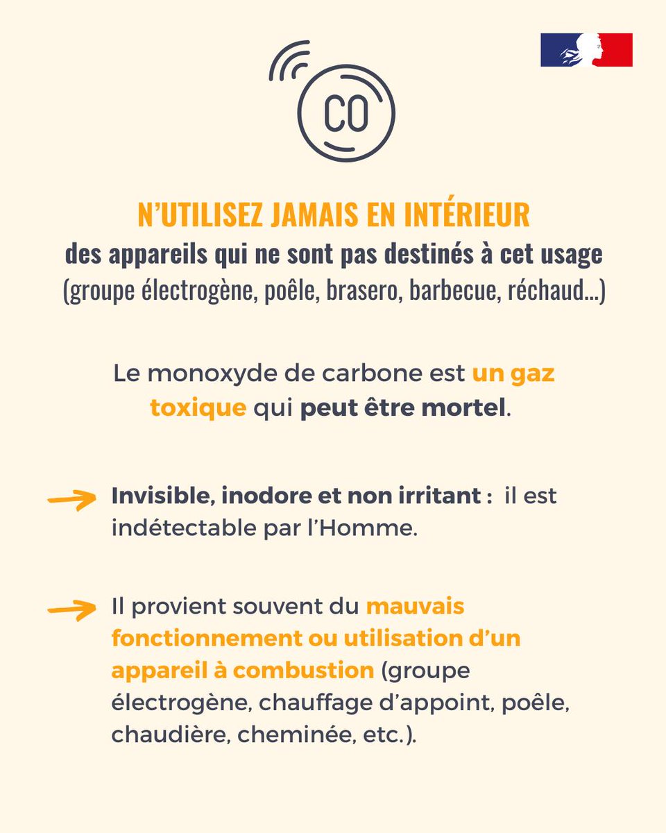PrefAquitaine33's tweet photo. #MonoxydeDeCarbone⚠️ | Suite aux intempéries, des coupures électriques peuvent conduire à utiliser des appareils à combustion (groupe électrogène, poêle, brasero, barbecue, réchaud...).  

Attention aux intoxications liées au monoxyde de carbone :   

▪️N’utilisez jamais en intérieur des appareils qui ne sont pas destinés à cet usage 
▪️Installez les groupes électrogènes à l’extérieur des bâtiments, jamais dans un lieu clos
▪️N’utilisez pas les chauffages d’appoint à combustion en continu 
▪️Maintenez vos systèmes de ventilation en bon état et n’obstruez jamais les entrées et sorties d’air

⚠️ En cas de symptômes (maux de tête, vomissements, fatigue, malaise, paralysie musculaire) : aérez la pièce, quittez les lieux et appelez le 15, le 17 ou le 18.

Plus d’infos sur https://t.co/fQ0FFj1uEj