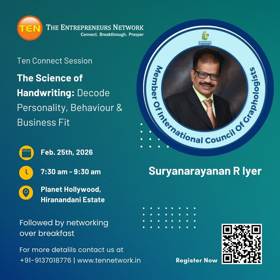 tennetworkthane's tweet photo. TEN Connect Session – The Science of Handwriting

Discover how handwriting reveals personality, behaviour &amp; business fit.
🗓 25 Feb 2026
⏰ 7:30 AM
📍 Planet Hollywood, Thane
🍽 Breakfast Networking

Register: https://t.co/UZ7w0apXnt
#TENNetwork #ThaneEvents #Entrepreneurs https://t.co/4uXr365hR4