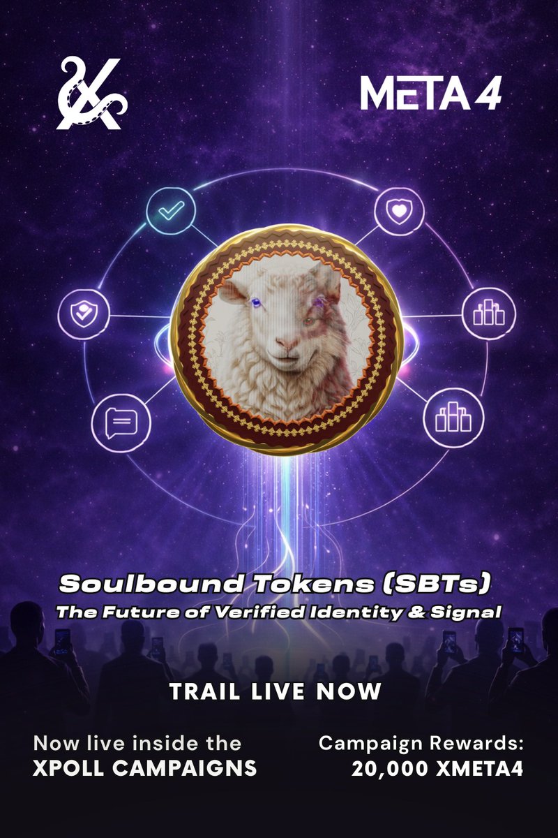 KJoseph55115's tweet photo. Identity isn’t just a profile, it’s a permanent signal.
With #META4 on @xpollplatform , Soulbound Tokens tie reputation, verification, and participation directly to you.
No transfers, Just earned credibility.
Join the trail and tap into the 20,000 XMETA4 reward pool. https://t.co/26NUy5LHbp