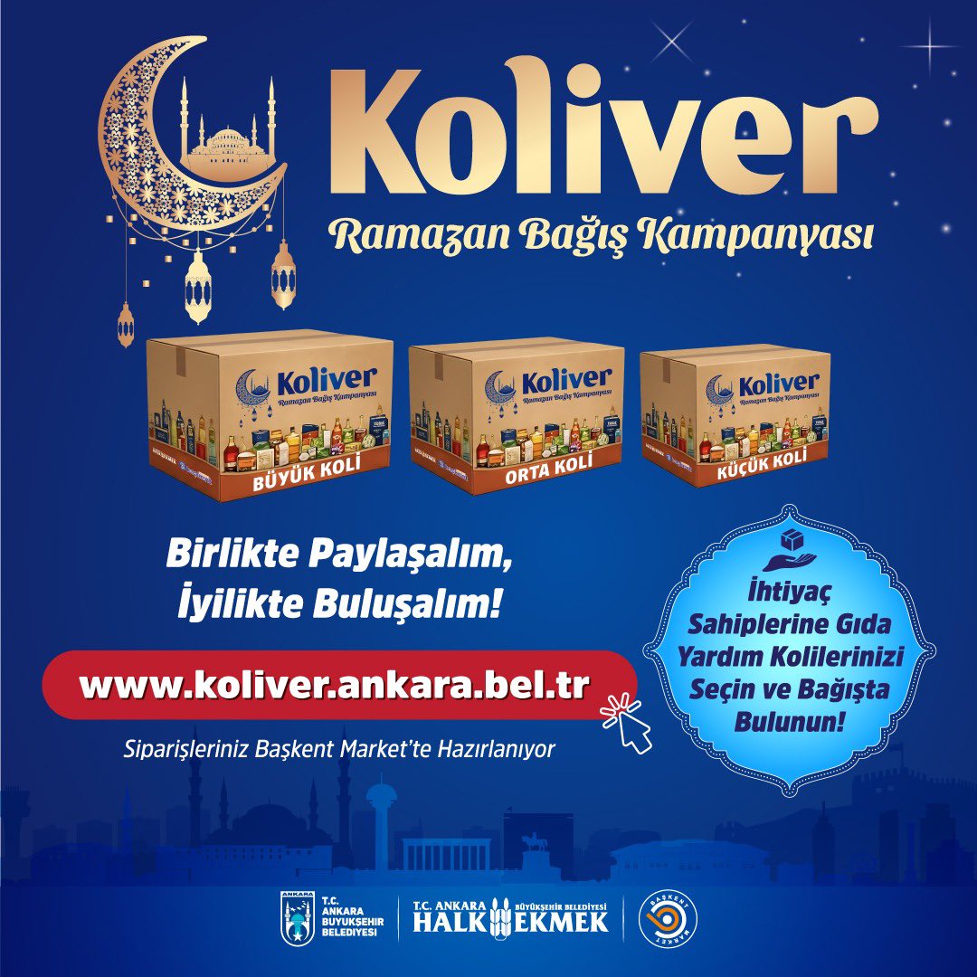 Ramazan’da dayanışmayı büyütmeye devam ediyoruz.

İhtiyaç sahibi vatandaşlarımız için destek olmak isteyen hayırseverlerimizi KOLİ VER sistemimize davet ediyoruz.

koliver.ankara.bel.tr/koli-ver

koliver.ankara.bel.tr