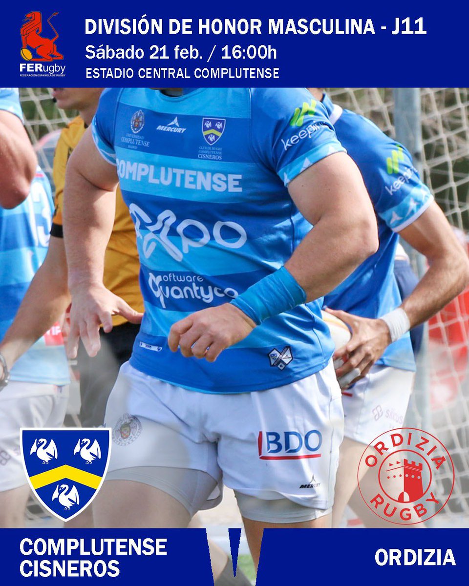Cisneros_Rugby's tweet photo. El Central vuelve a latir 🔵⚔️

Partidazo en casa ante Ordizia. Intensidad, contacto y orgullo para defender nuestro campo ante uno de los clásicos de la liga.

🗓 Sábado 21 feb.
⏰ 16:00h
📍 Estadio Central Complutense

Contamos contigo en la grada. 💙 https://t.co/gexTkEq56N