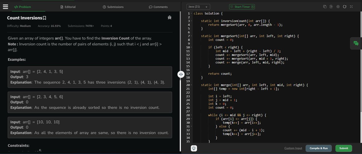Siddhesh_2110's tweet photo. Day 6/60 of the #GeekStreak60 challenge 🚀

Solved today’s POTD — Count Inversions

Used merge sort inversion counting
to reduce brute force O(n²) → O(n log n).
TC: O(n log n) | SC: O(n)
Streak: 6/60 🔥

@geeksforgeeks @NPCI_NPCI 

#geekstreak60 #npci #DSA #MergeSort #Coding https://t.co/eWgpp3U613