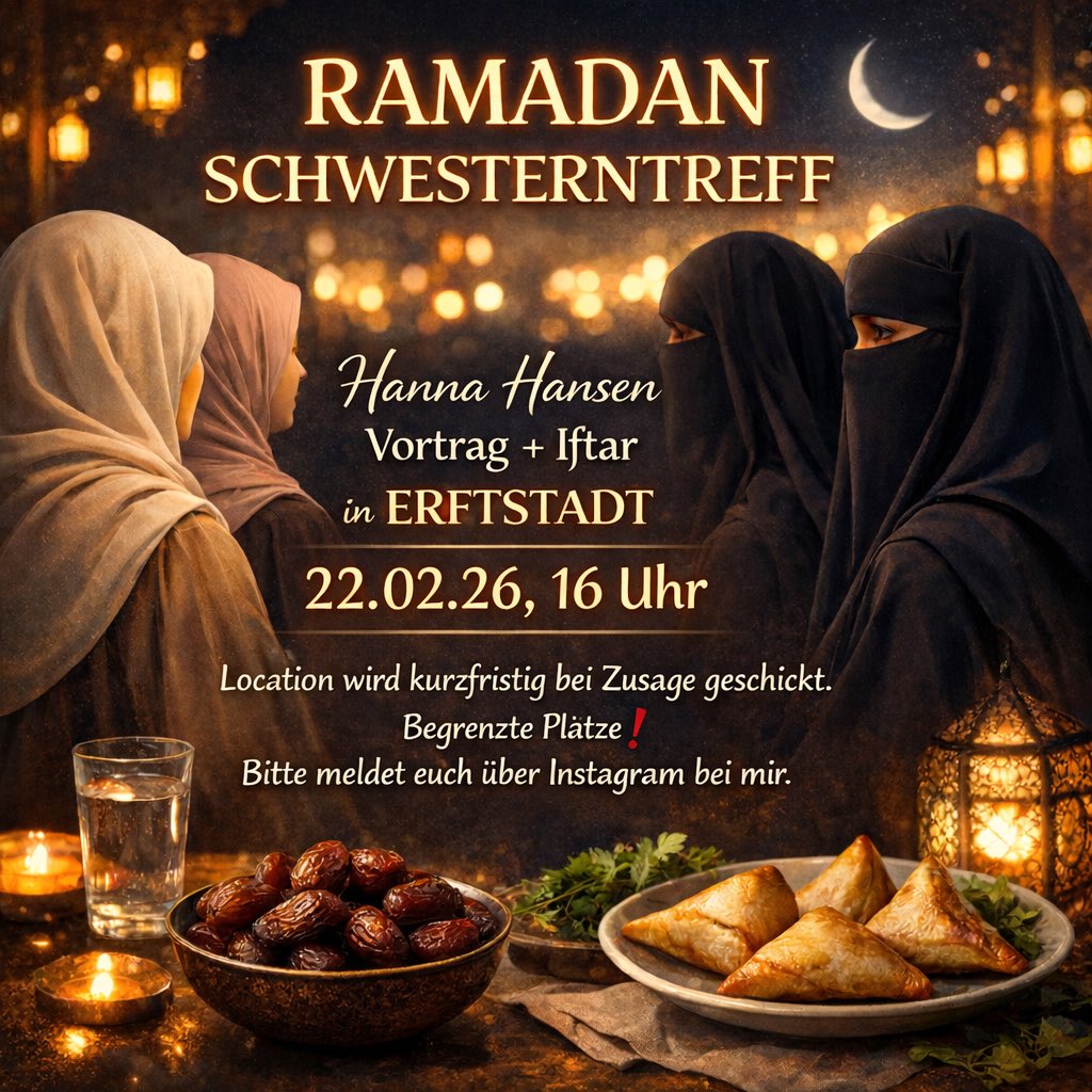 HannaHansen's tweet image. Möge Allah euch im Monat #Ramadan um Rangstufen erhöhen. Euer #Fasten, Gebete, Du’a, Sadaqah und Dhikr annehmen und euer Herz reinigen. Amin 

Erinnerung: Sonntag #Vortrag in #Erftstadt in schaa Allah 

Darauf das WE, Samstag (28.02.26) Vortrag in #Augsburg in schaa Allah #Islam