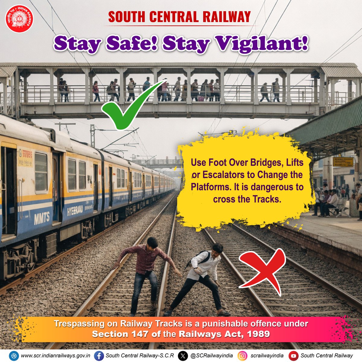 drmgnt's tweet image. Stay Safe. Stay Vigilant.
Always use Foot Over Bridges, lifts or escalators to change platforms.
Crossing railway tracks is dangerous and a punishable offence 
Your safety is our priority. 🚆⚠️#RailwaySafety #StayVigilant #PublicSafety #SafeTravel #indianrailways